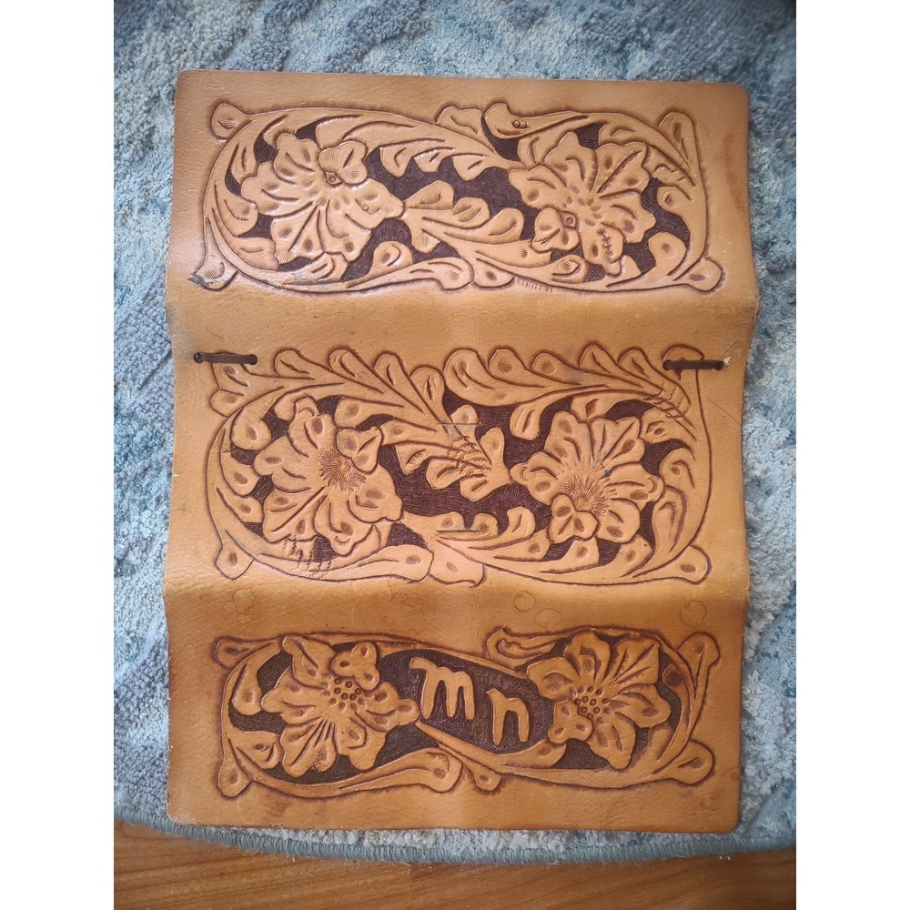 Vintage Hand Tooled Leather Floral Document Holder Wallet MN Monogram Tan VGC